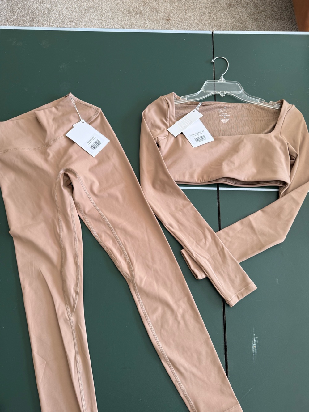 Long Sleeve Cropped Active Top & High-Waist Leggings - Nude